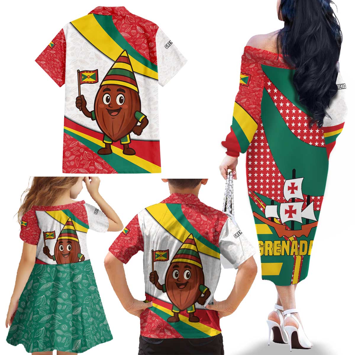 Grenada Family Matching Off The Shoulder Long Sleeve Dress and Hawaiian Shirt with Cocoa Bean Mascot and National Flag Colors - Wonder Print Shop