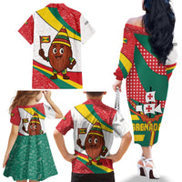 Grenada Family Matching Off The Shoulder Long Sleeve Dress and Hawaiian Shirt with Cocoa Bean Mascot and National Flag Colors - Wonder Print Shop