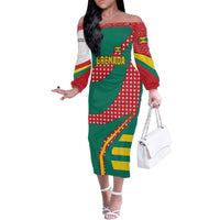 Grenada Family Matching Off The Shoulder Long Sleeve Dress and Hawaiian Shirt with Cocoa Bean Mascot and National Flag Colors - Wonder Print Shop
