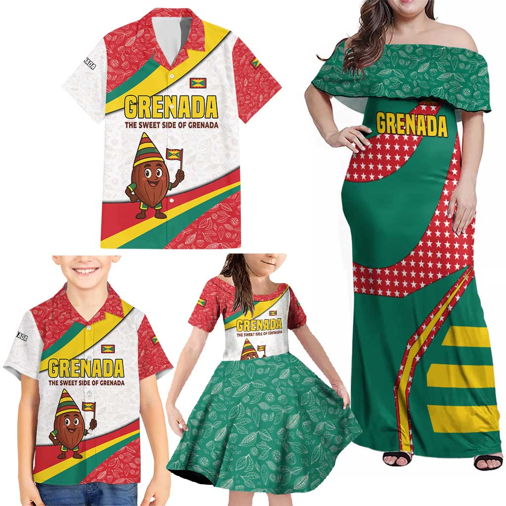 Grenada Family Matching Off Shoulder Maxi Dress and Hawaiian Shirt with Cocoa Bean Mascot and National Flag Colors - Wonder Print Shop