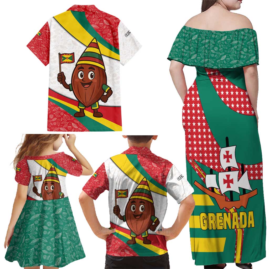 Grenada Family Matching Off Shoulder Maxi Dress and Hawaiian Shirt with Cocoa Bean Mascot and National Flag Colors - Wonder Print Shop