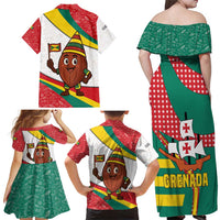 Grenada Family Matching Off Shoulder Maxi Dress and Hawaiian Shirt with Cocoa Bean Mascot and National Flag Colors - Wonder Print Shop