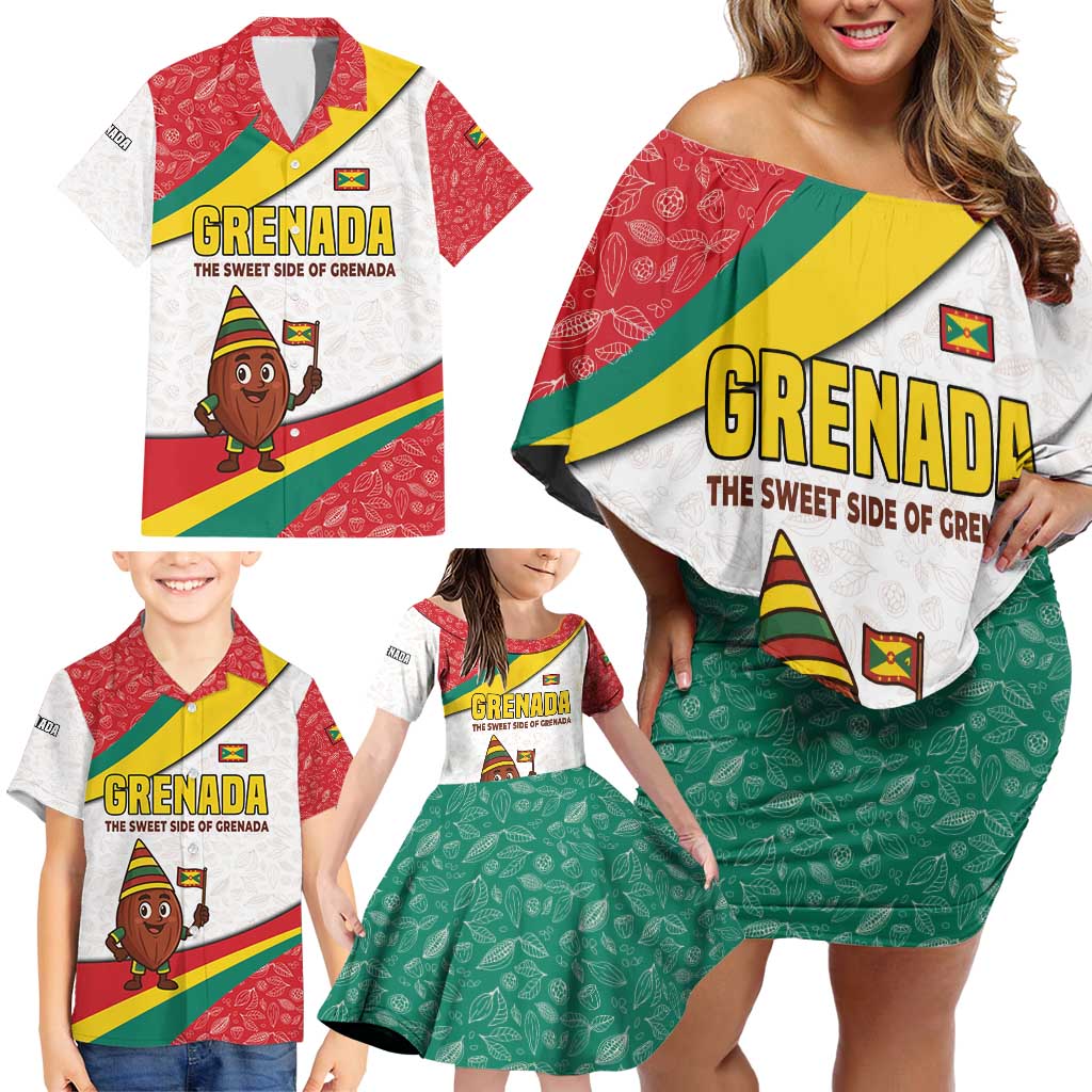 Grenada Family Matching Off Shoulder Short Dress and Hawaiian Shirt with Cocoa Bean Mascot and National Flag Colors - Wonder Print Shop