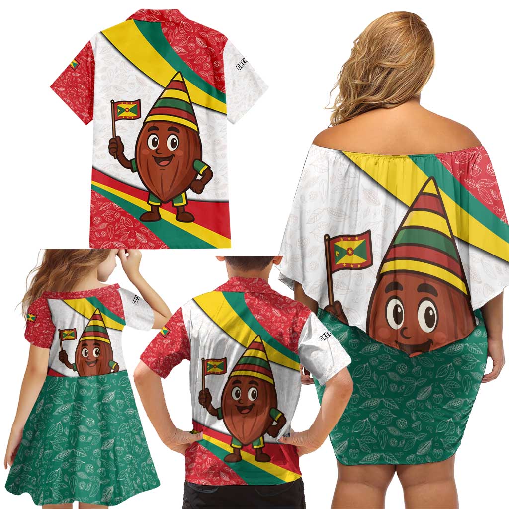 Grenada Family Matching Off Shoulder Short Dress and Hawaiian Shirt with Cocoa Bean Mascot and National Flag Colors - Wonder Print Shop