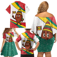 Grenada Family Matching Off Shoulder Short Dress and Hawaiian Shirt with Cocoa Bean Mascot and National Flag Colors - Wonder Print Shop