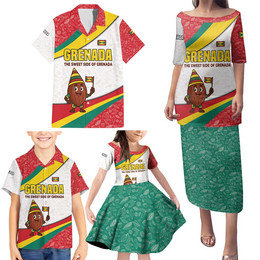 Grenada Family Matching Puletasi and Hawaiian Shirt with Cocoa Bean Mascot and National Flag Colors - Wonder Print Shop