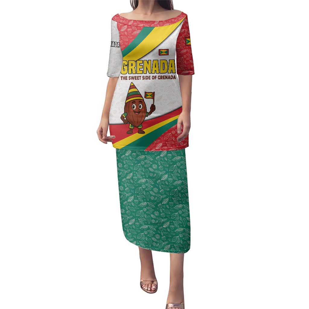 Grenada Family Matching Puletasi and Hawaiian Shirt with Cocoa Bean Mascot and National Flag Colors - Wonder Print Shop