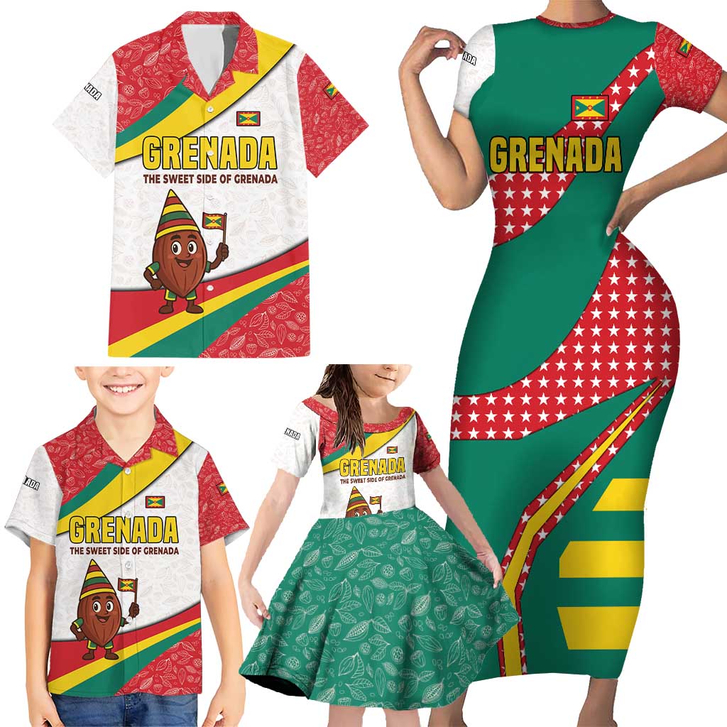 Grenada Family Matching Short Sleeve Bodycon Dress and Hawaiian Shirt with Cocoa Bean Mascot and National Flag Colors - Wonder Print Shop