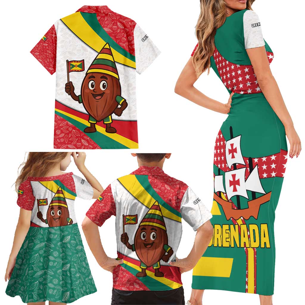 Grenada Family Matching Short Sleeve Bodycon Dress and Hawaiian Shirt with Cocoa Bean Mascot and National Flag Colors - Wonder Print Shop