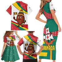Grenada Family Matching Short Sleeve Bodycon Dress and Hawaiian Shirt with Cocoa Bean Mascot and National Flag Colors - Wonder Print Shop