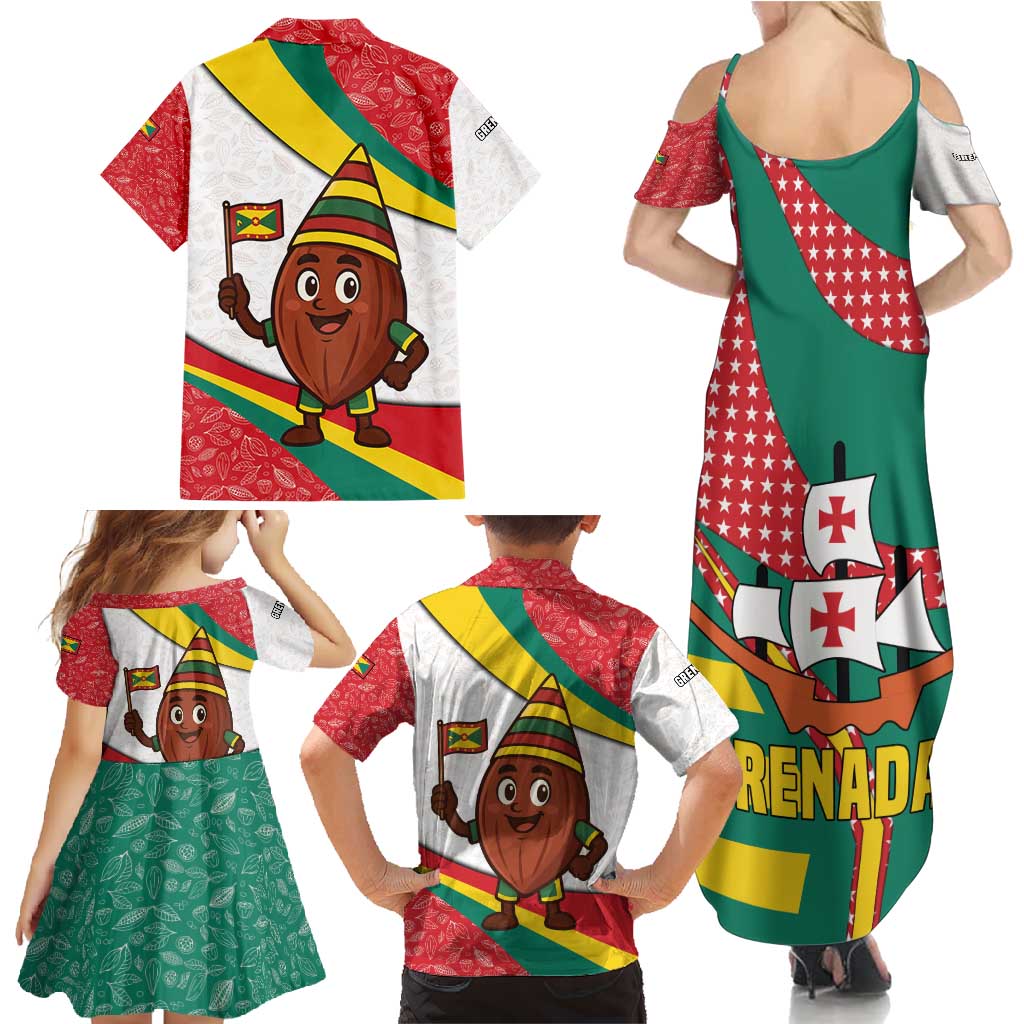 Grenada Family Matching Summer Maxi Dress and Hawaiian Shirt with Cocoa Bean Mascot and National Flag Colors - Wonder Print Shop