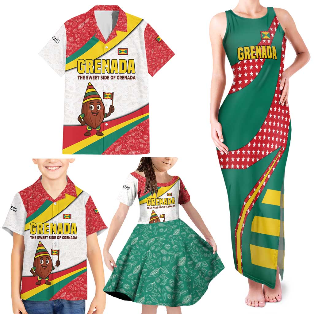Grenada Family Matching Tank Maxi Dress and Hawaiian Shirt with Cocoa Bean Mascot and National Flag Colors - Wonder Print Shop