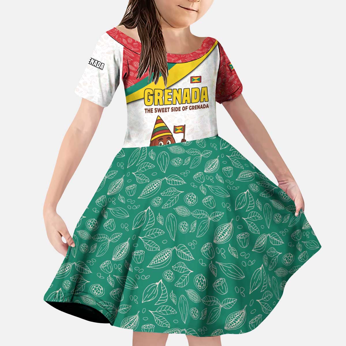 Grenada Kid Short Sleeve Dress with Cocoa Bean Mascot and National Flag Colors - Wonder Print Shop