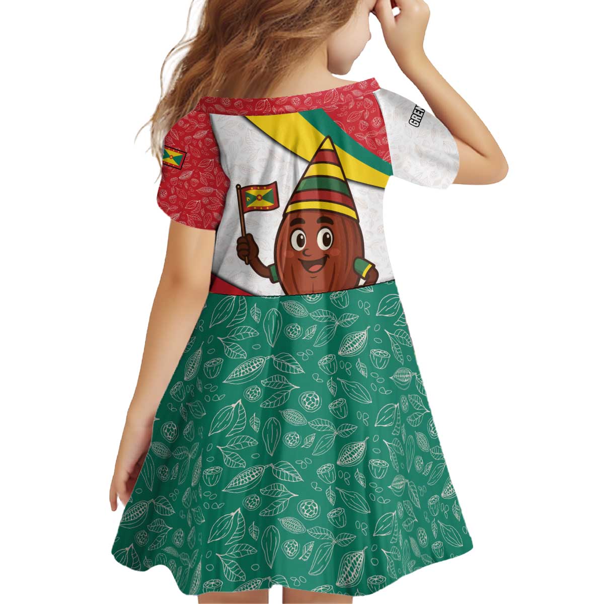 Grenada Kid Short Sleeve Dress with Cocoa Bean Mascot and National Flag Colors - Wonder Print Shop