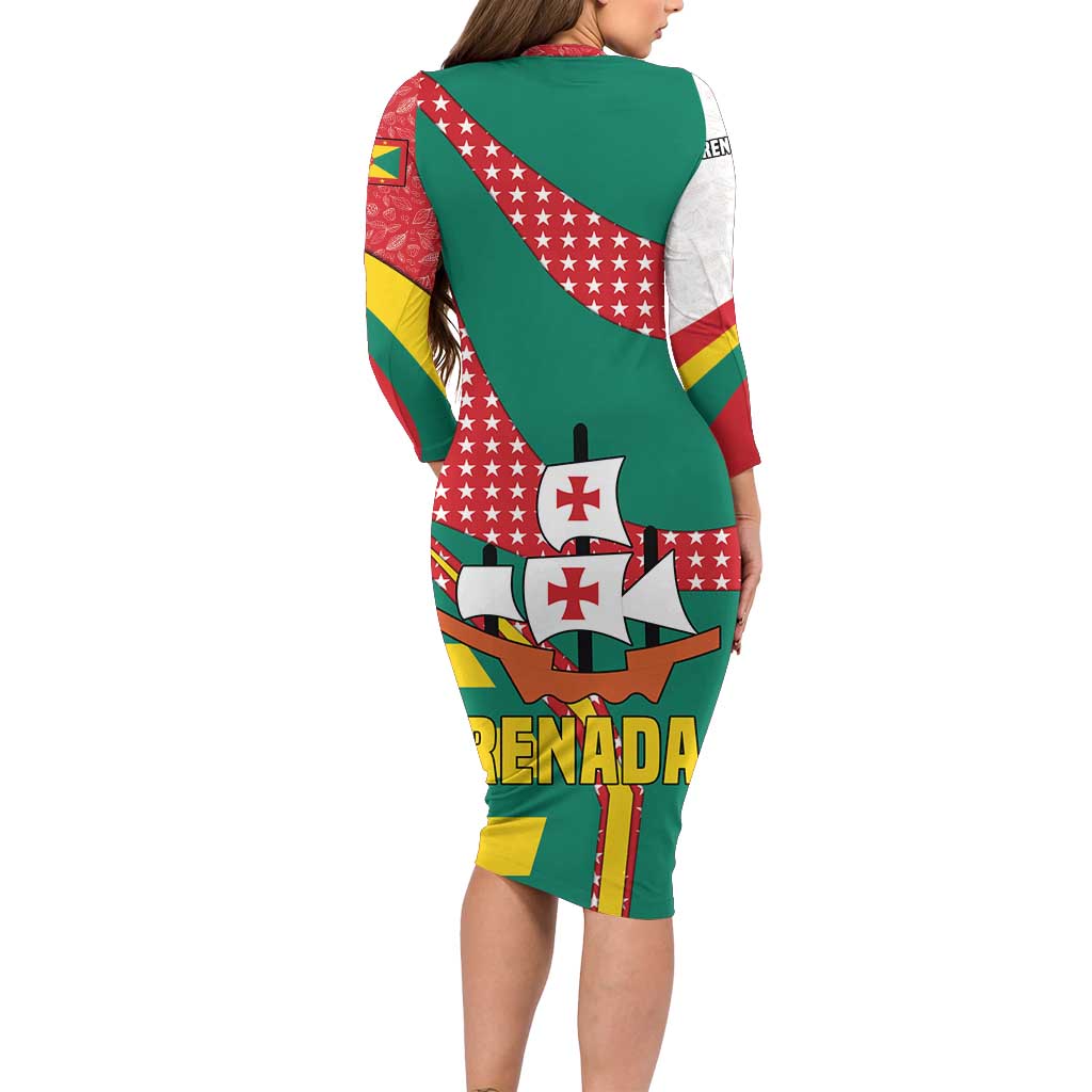 Grenada Long Sleeve Bodycon Dress with Cocoa Bean Mascot and National Flag Colors - Wonder Print Shop