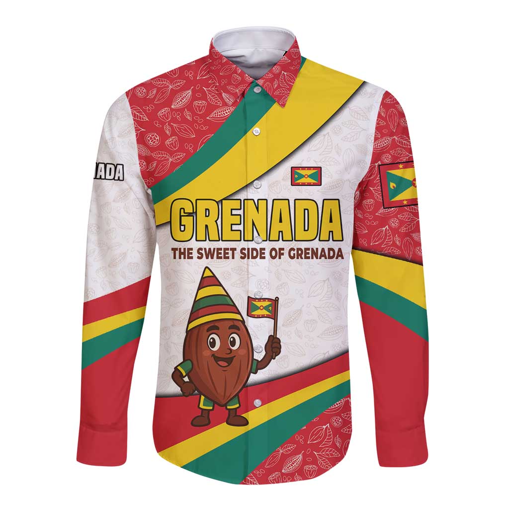 Grenada Long Sleeve Button Shirt with Cocoa Bean Mascot and National Flag Colors - Wonder Print Shop