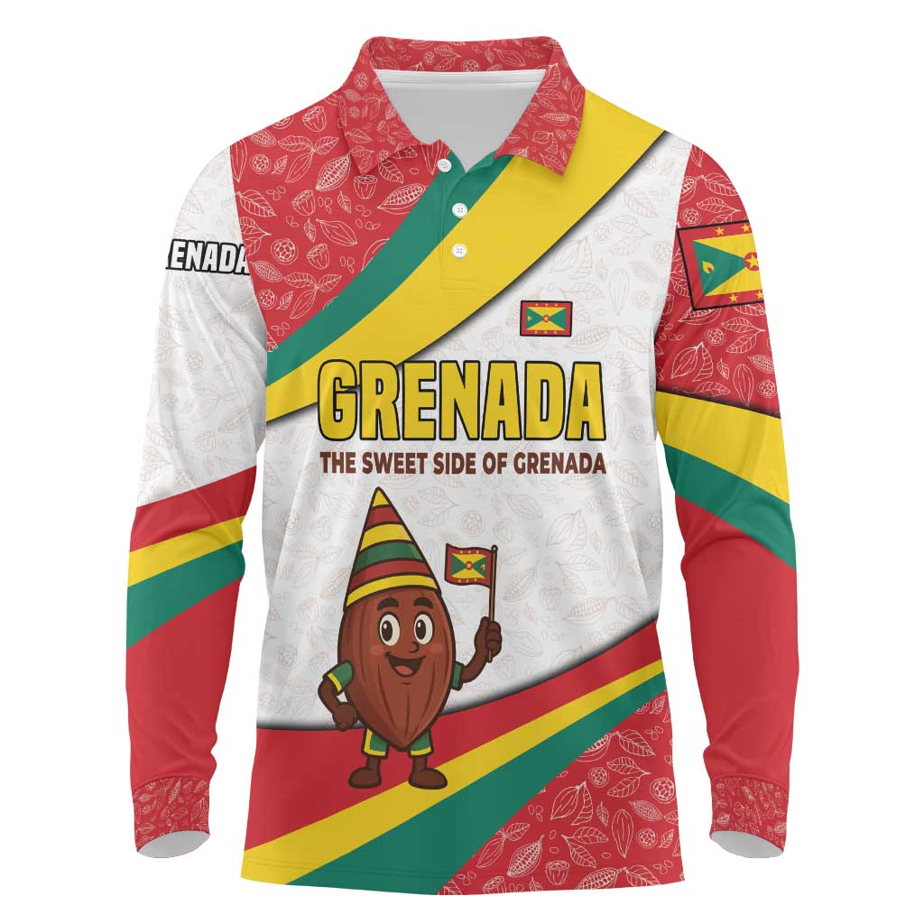 Grenada Long Sleeve Polo Shirt with Cocoa Bean Mascot and National Flag Colors - Wonder Print Shop