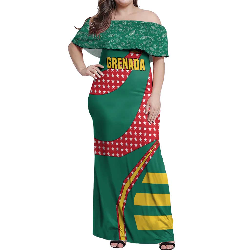 Grenada Off Shoulder Maxi Dress with Cocoa Bean Mascot and National Flag Colors - Wonder Print Shop
