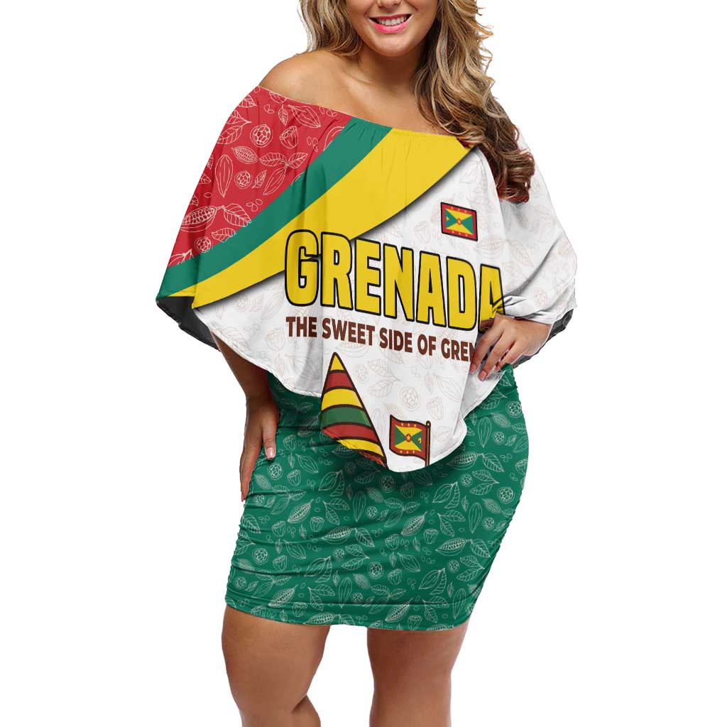 Grenada Off Shoulder Short Dress with Cocoa Bean Mascot and National Flag Colors - Wonder Print Shop
