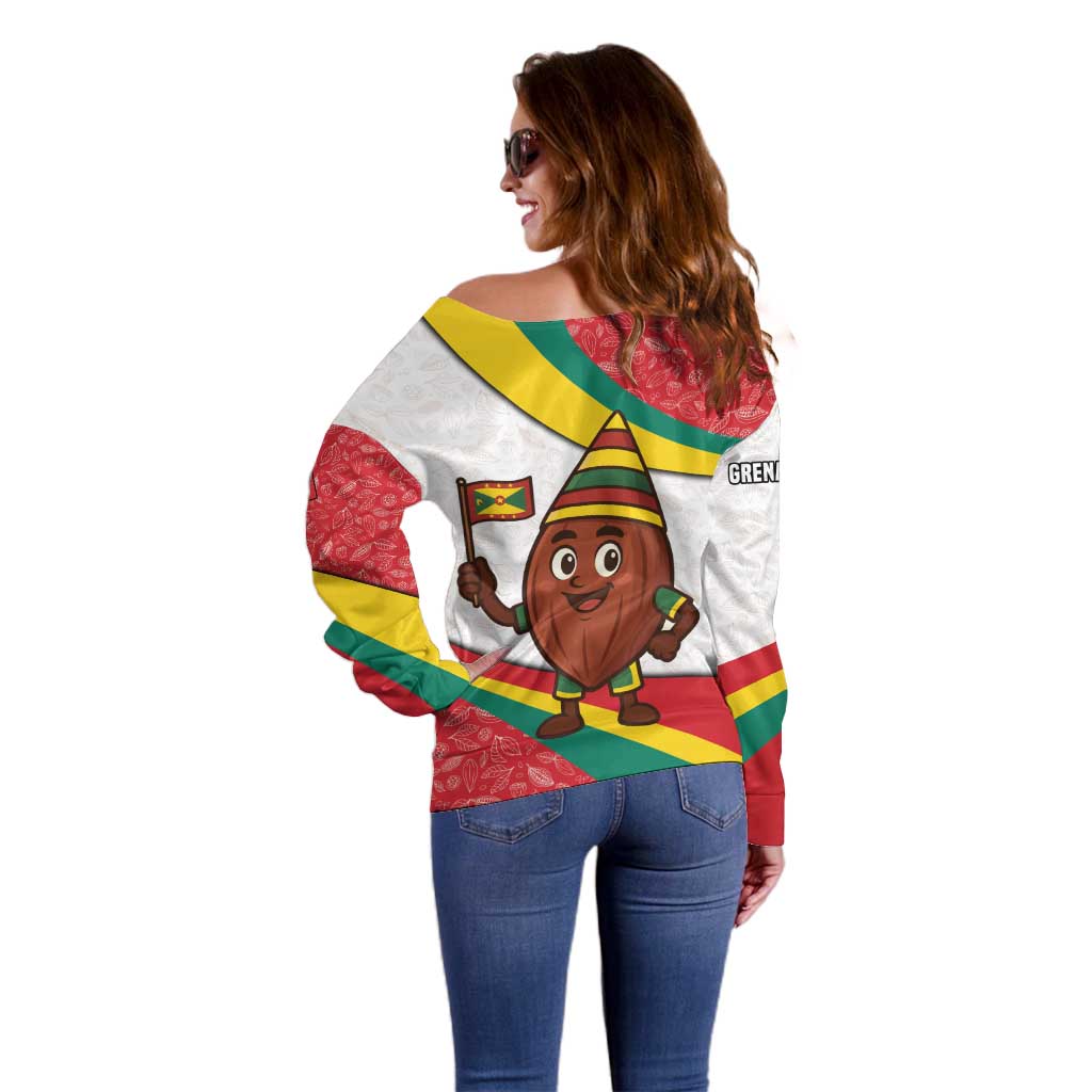 Grenada Off Shoulder Sweater with Cocoa Bean Mascot and National Flag Colors - Wonder Print Shop