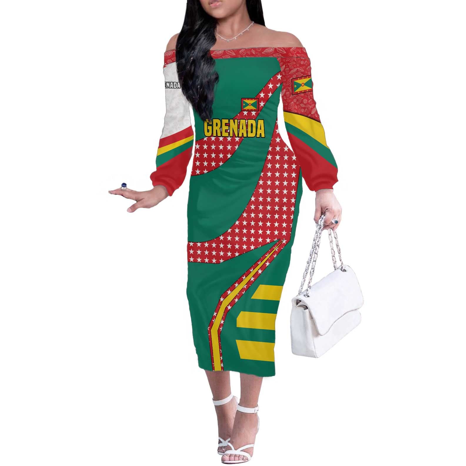 Grenada Off The Shoulder Long Sleeve Dress with Cocoa Bean Mascot and National Flag Colors - Wonder Print Shop