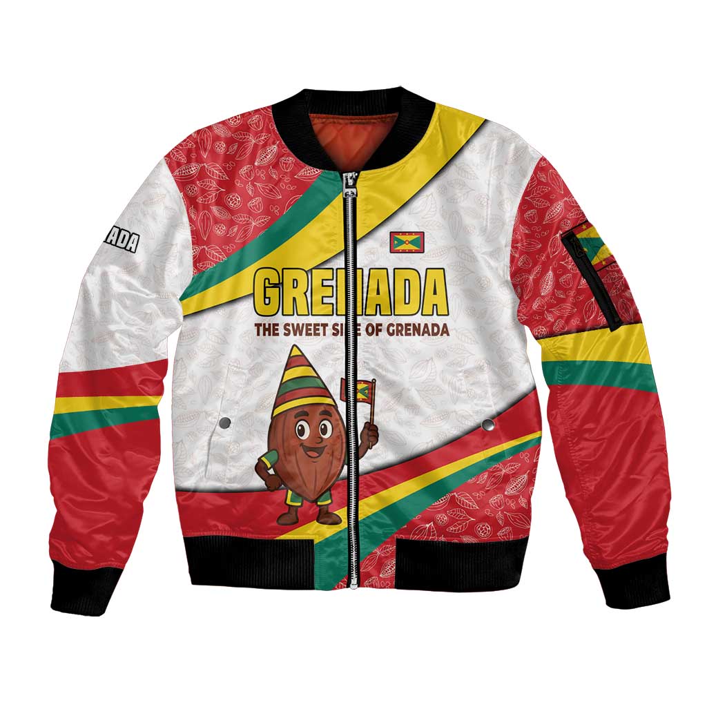 Grenada Sleeve Zip Bomber Jacket with Cocoa Bean Mascot and National Flag Colors - Wonder Print Shop