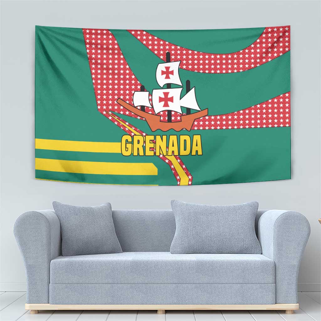 Grenada Tapestry with Cocoa Bean Mascot and National Flag Colors - Wonder Print Shop