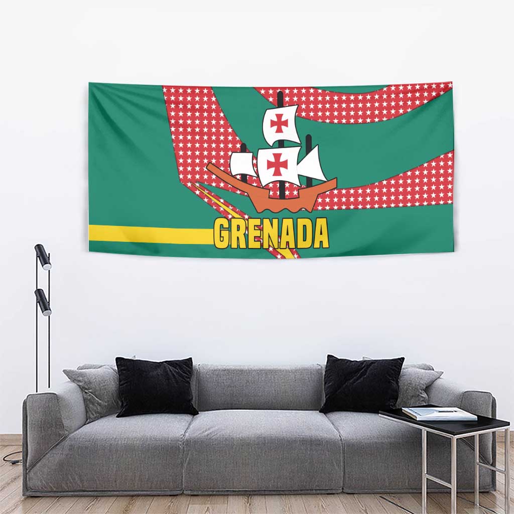 Grenada Tapestry with Cocoa Bean Mascot and National Flag Colors - Wonder Print Shop