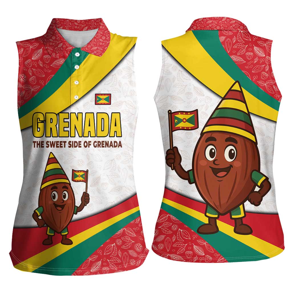 Grenada Women Sleeveless Polo Shirt with Cocoa Bean Mascot and National Flag Colors - Wonder Print Shop