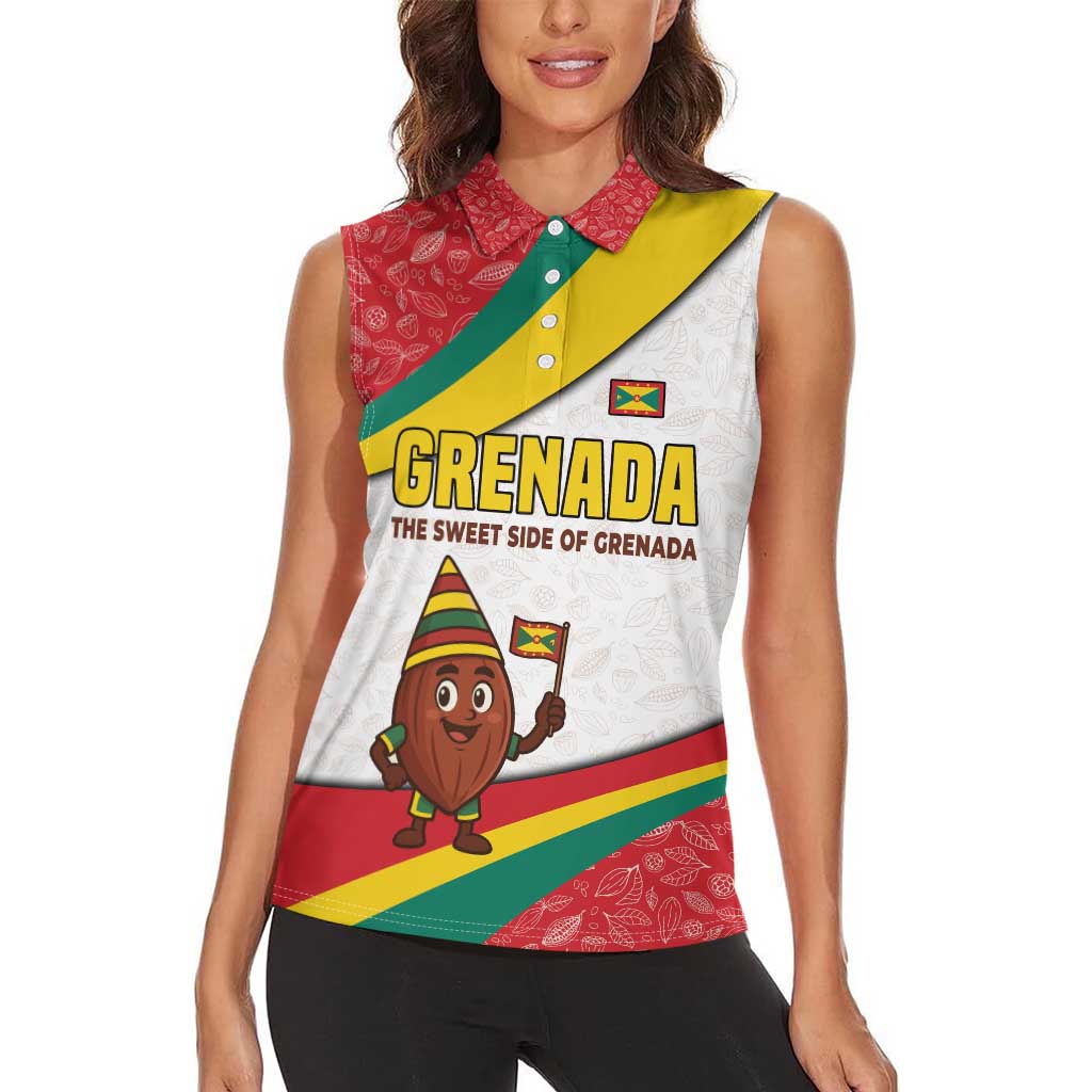 Grenada Women Sleeveless Polo Shirt with Cocoa Bean Mascot and National Flag Colors - Wonder Print Shop