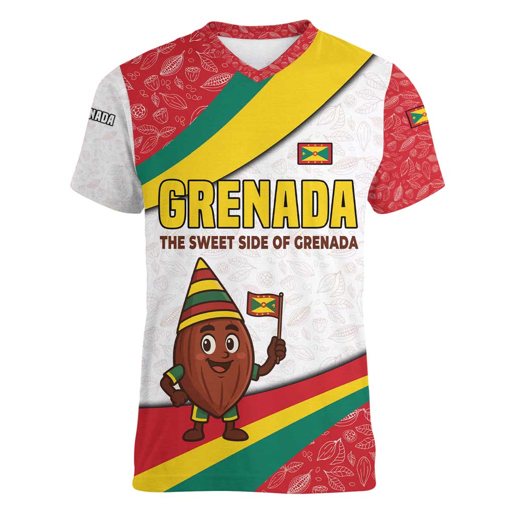 Grenada Women V-Neck T-Shirt with Cocoa Bean Mascot and National Flag Colors - Wonder Print Shop