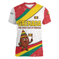 Grenada Women V-Neck T-Shirt with Cocoa Bean Mascot and National Flag Colors - Wonder Print Shop