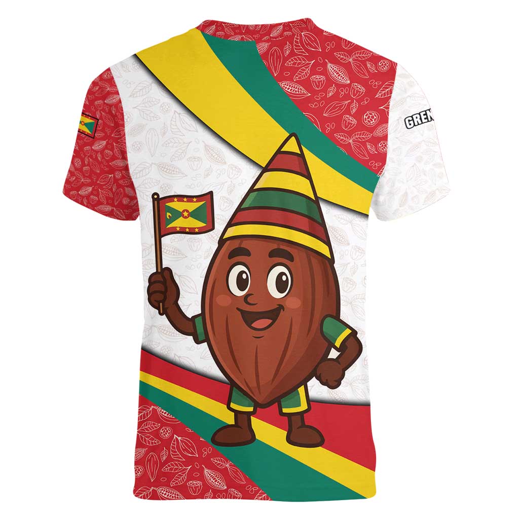 Grenada Women V-Neck T-Shirt with Cocoa Bean Mascot and National Flag Colors - Wonder Print Shop