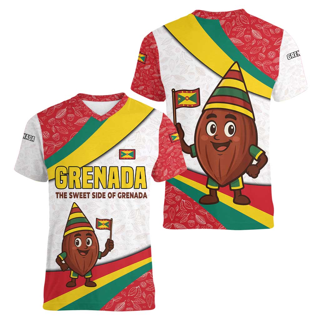 Grenada Women V-Neck T-Shirt with Cocoa Bean Mascot and National Flag Colors - Wonder Print Shop