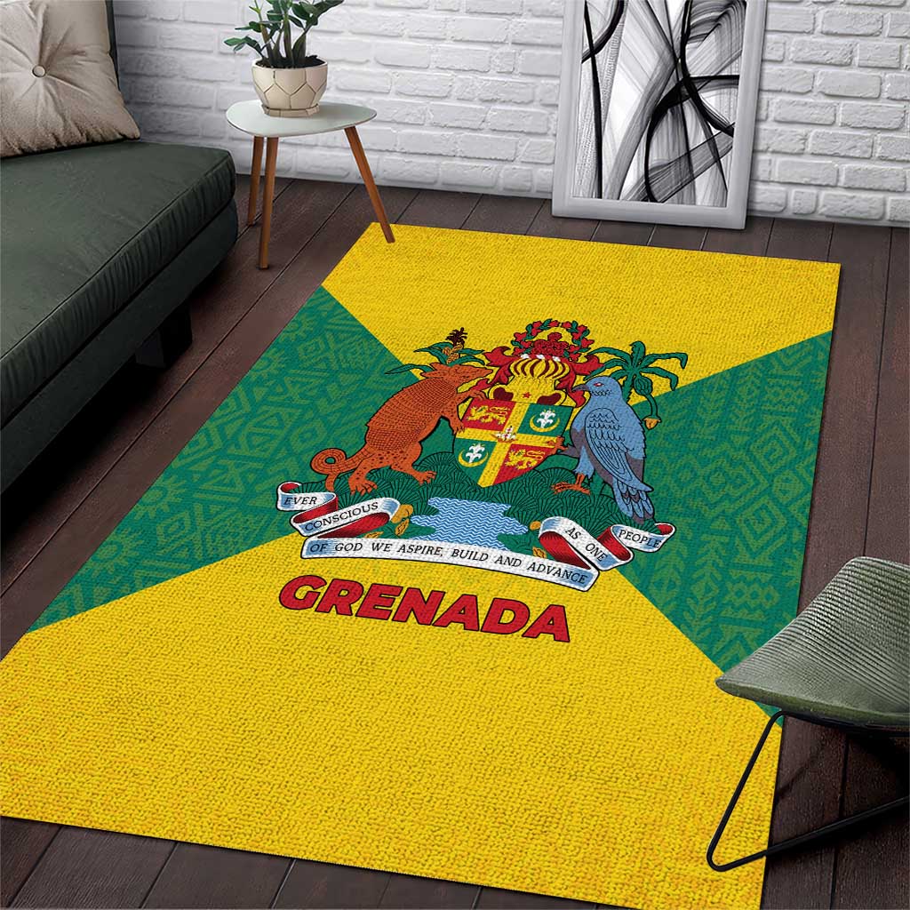 Grenada Coat of Arms Area Rug with Yellow Green Flag Colors and Tribal Pattern Design - Wonder Print Shop