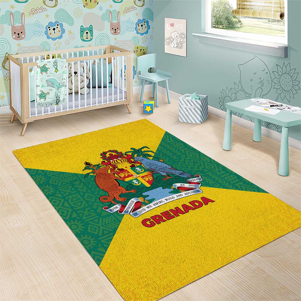 Grenada Coat of Arms Area Rug with Yellow Green Flag Colors and Tribal Pattern Design - Wonder Print Shop