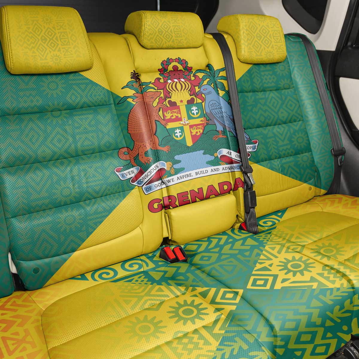 Grenada Coat of Arms Back Car Seat Cover with Yellow Green Flag Colors and Tribal Pattern Design - Wonder Print Shop