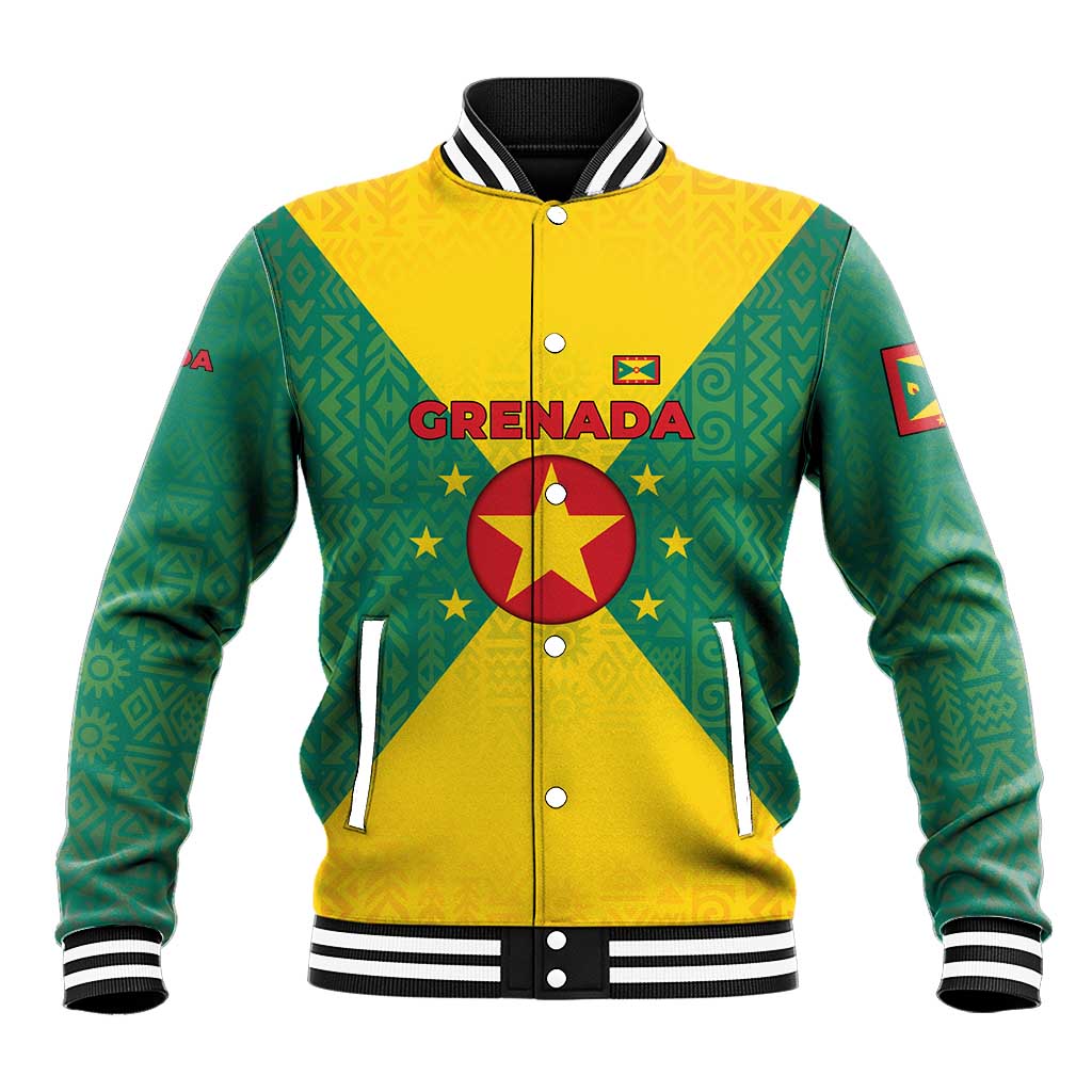 Grenada Coat of Arms Baseball Jacket with Yellow Green Flag Colors and Tribal Pattern Design - Wonder Print Shop