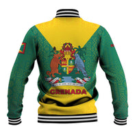 Grenada Coat of Arms Baseball Jacket with Yellow Green Flag Colors and Tribal Pattern Design - Wonder Print Shop