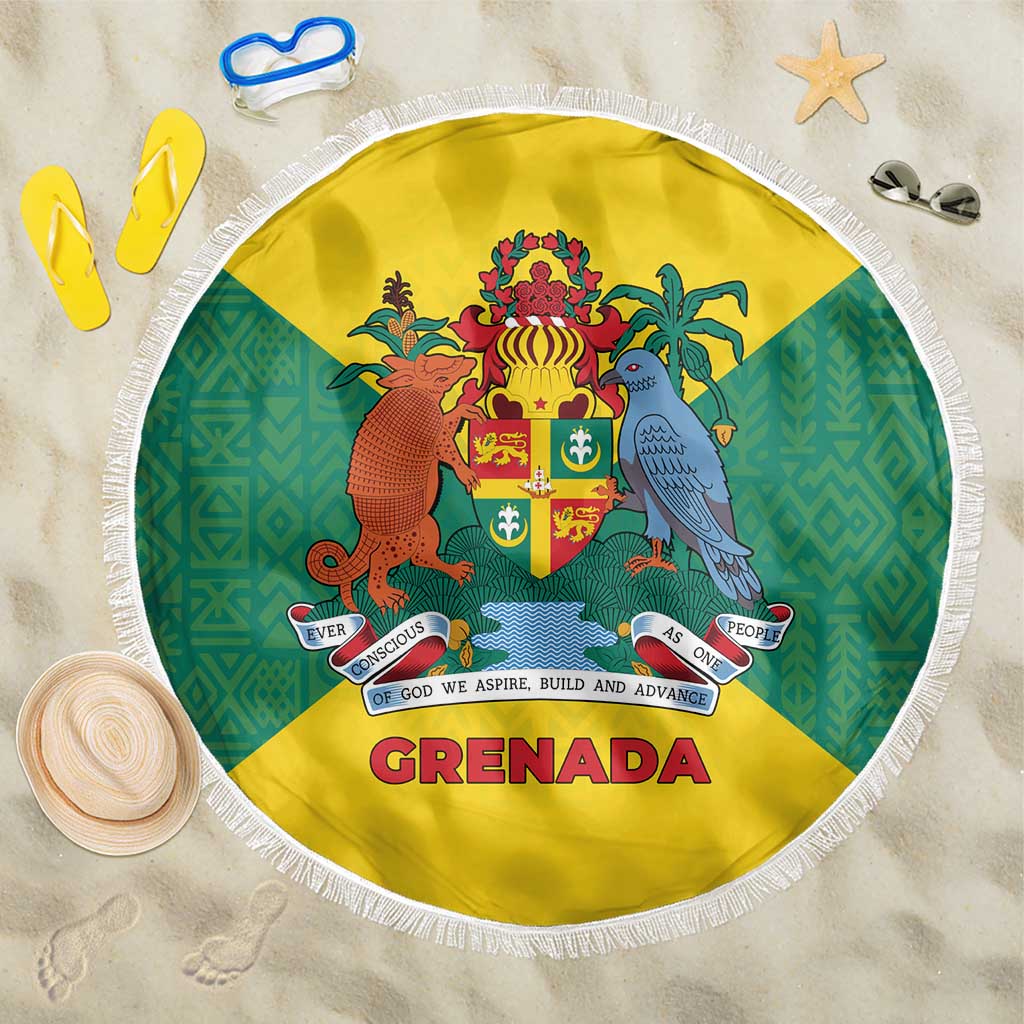 Grenada Coat of Arms Beach Blanket with Yellow Green Flag Colors and Tribal Pattern Design - Wonder Print Shop