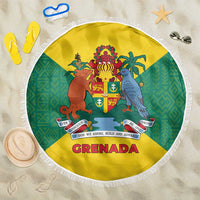 Grenada Coat of Arms Beach Blanket with Yellow Green Flag Colors and Tribal Pattern Design - Wonder Print Shop