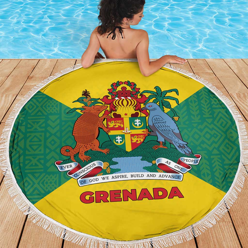 Grenada Coat of Arms Beach Blanket with Yellow Green Flag Colors and Tribal Pattern Design - Wonder Print Shop