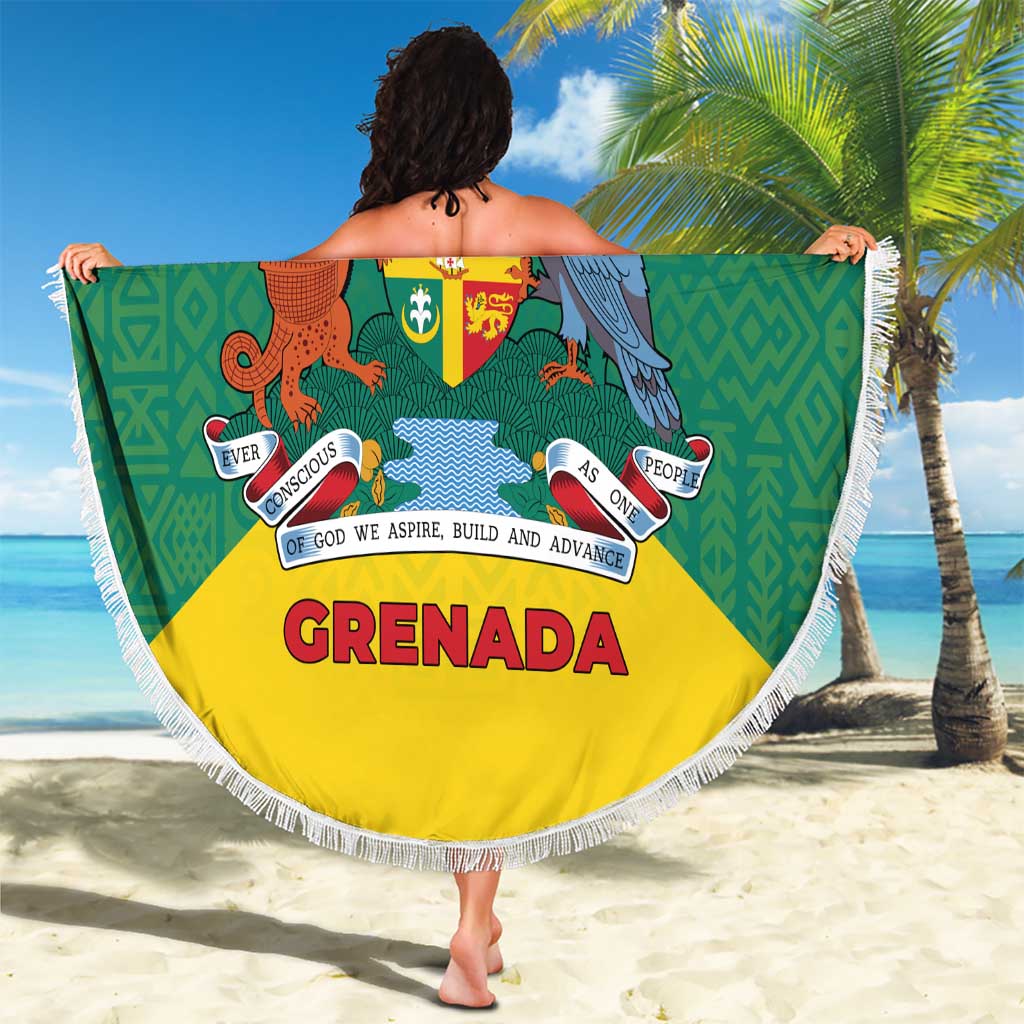 Grenada Coat of Arms Beach Blanket with Yellow Green Flag Colors and Tribal Pattern Design - Wonder Print Shop