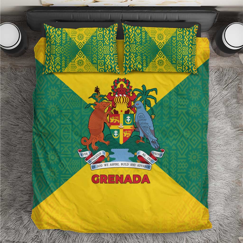 Grenada Coat of Arms Bedding Set with Yellow Green Flag Colors and Tribal Pattern Design - Wonder Print Shop