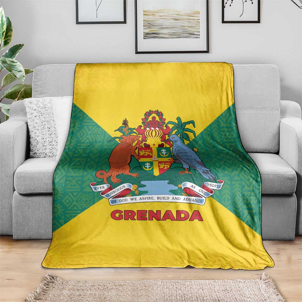 Grenada Coat of Arms Blanket with Yellow Green Flag Colors and Tribal Pattern Design - Wonder Print Shop