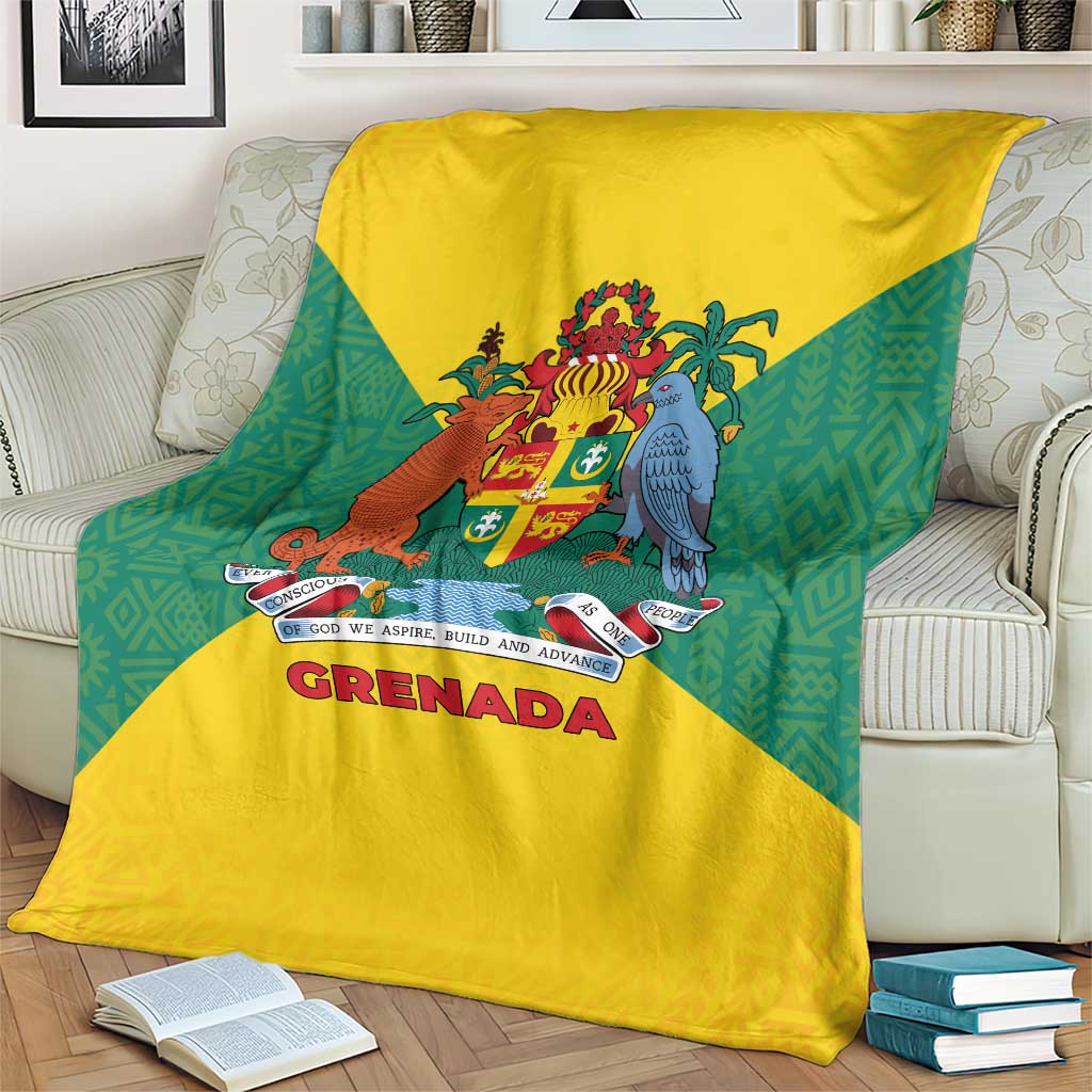 Grenada Coat of Arms Blanket with Yellow Green Flag Colors and Tribal Pattern Design - Wonder Print Shop