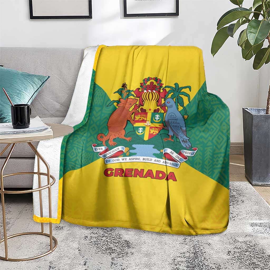 Grenada Coat of Arms Blanket with Yellow Green Flag Colors and Tribal Pattern Design - Wonder Print Shop