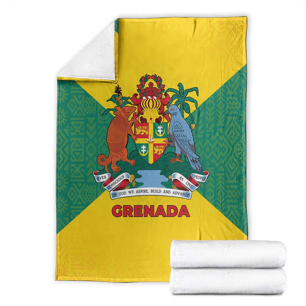 Grenada Coat of Arms Blanket with Yellow Green Flag Colors and Tribal Pattern Design - Wonder Print Shop