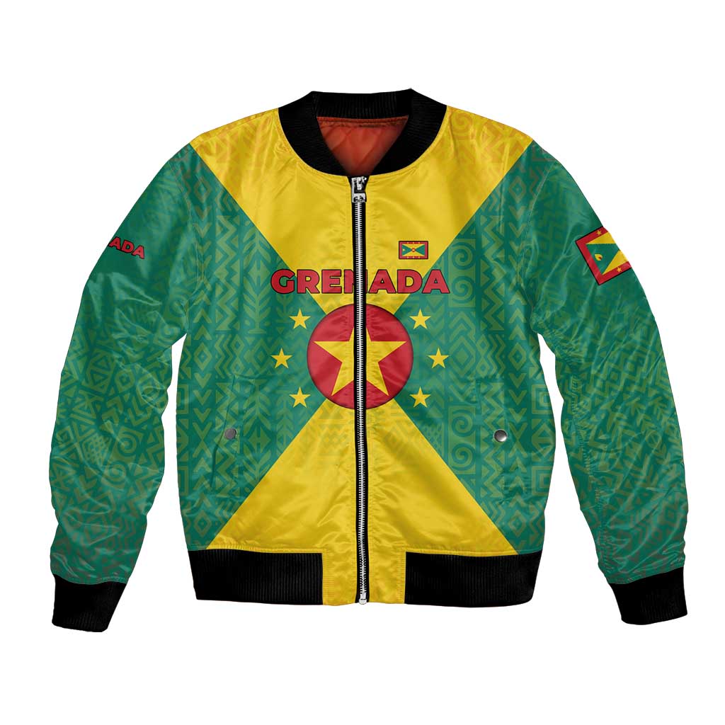 Grenada Coat of Arms Bomber Jacket with Yellow Green Flag Colors and Tribal Pattern Design - Wonder Print Shop
