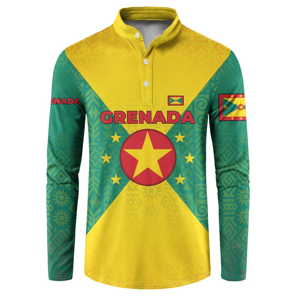 Grenada Coat of Arms Button Sweatshirt with Yellow Green Flag Colors and Tribal Pattern Design - Wonder Print Shop